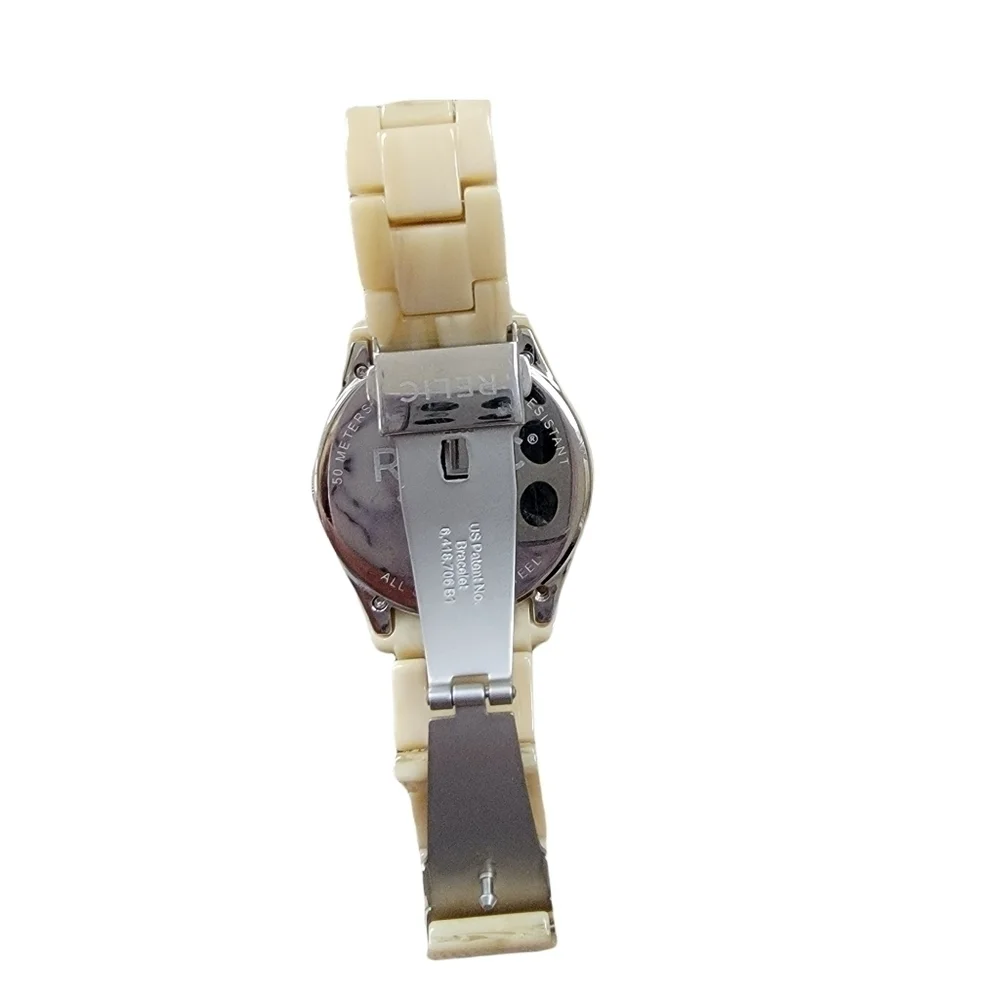 𝅺RELIC Bone Beige Band with Rhinestones around face and at Points Around Dial